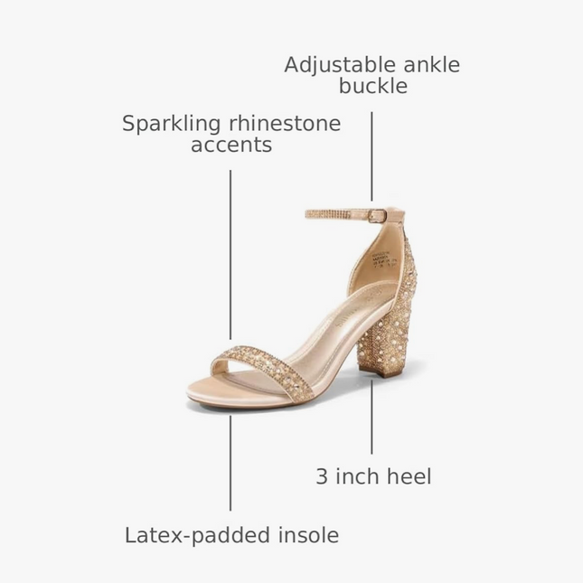 Champagne Rhinestone Block Chunky Heel Ankle Strap Sandals - Size 8.5 Dream Pairs