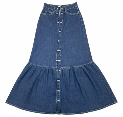 Vintage Button-Up Denim Skirt with Ruffle Hem