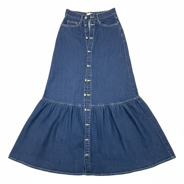 Vintage Button-Up Denim Skirt with Ruffle Hem