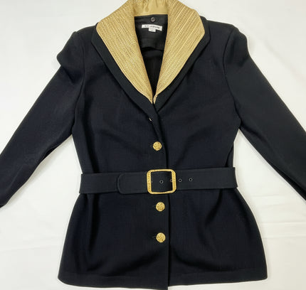 St. John Black Knit Jacket with Gold Collar & Removable Details - Size 2