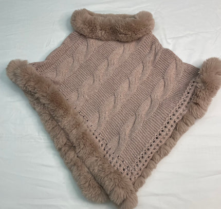 Le Moda Blush Cable Knit Poncho with Fur Trim - One Size -With Tags