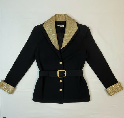 St John Black Blazer with Gold Embellished Collar - Size 2