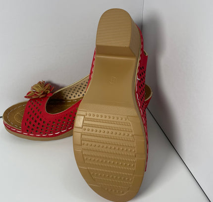 Red Perforated Slingback Sandals with Floral Detail - Size 7.5