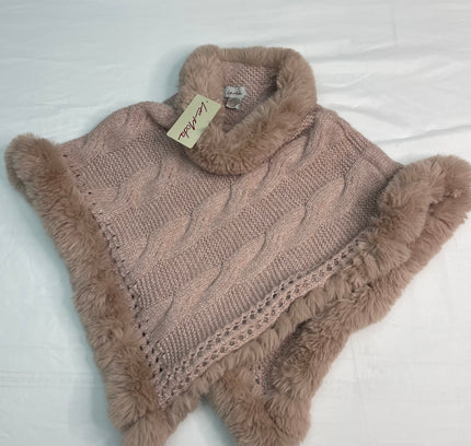 Le Moda Blush Cable Knit Poncho with Fur Trim - One Size -With Tags