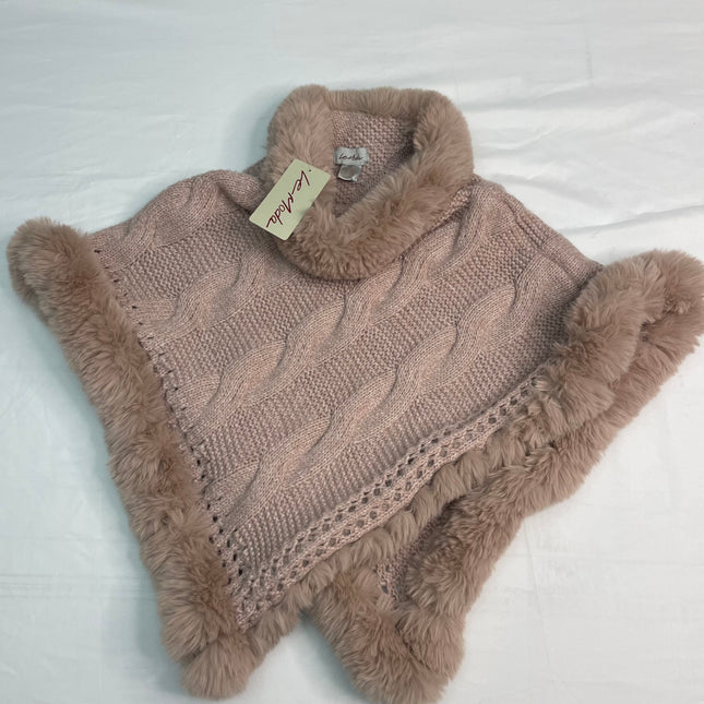 Le Moda Blush Cable Knit Poncho with Fur Trim - One Size -With Tags