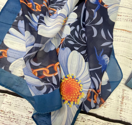 Navy Floral Silk Scarf - White Daisy Print