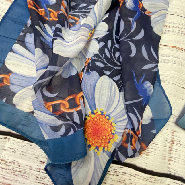 Navy Floral Silk Scarf - White Daisy Print
