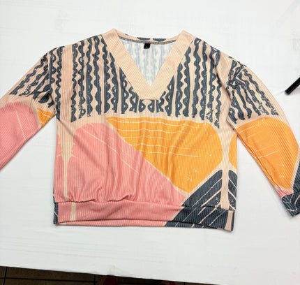 Retro Abstract Geometric V-Neck Long sleeve Top - Multicolor - Size XL
