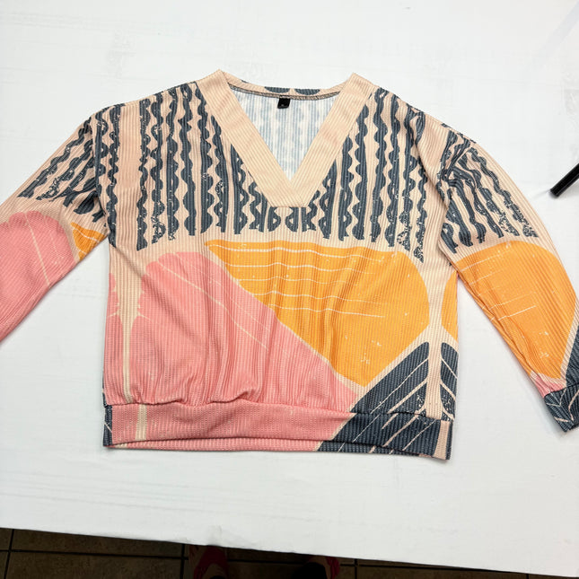 Retro Abstract Geometric V-Neck Long sleeve Top - Multicolor - Size XL