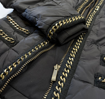 White House Black Market Black Quilted Puffer Jacket with Gold Chain Trim - Size Large