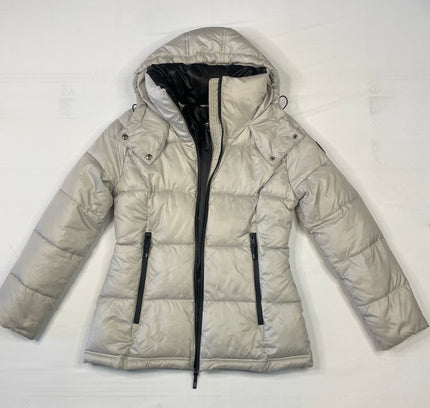 Kenneth Cole Light Grey & Black Hooded Puffer Jacket - Size Small