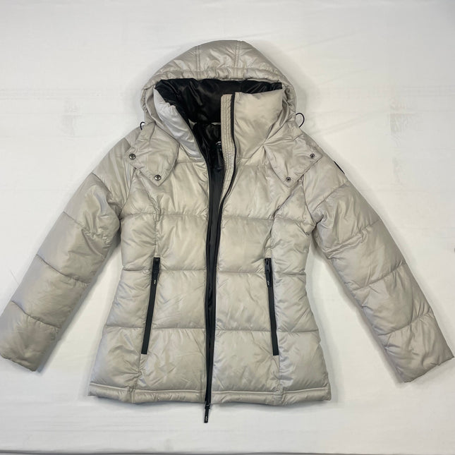 Kenneth Cole Light Grey & Black Hooded Puffer Jacket - Size Small