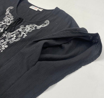 Denim & Co. Black Embroidered Boho Peasant Top - Size XL