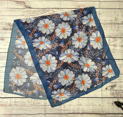 Navy Floral Silk Scarf - White Daisy Print