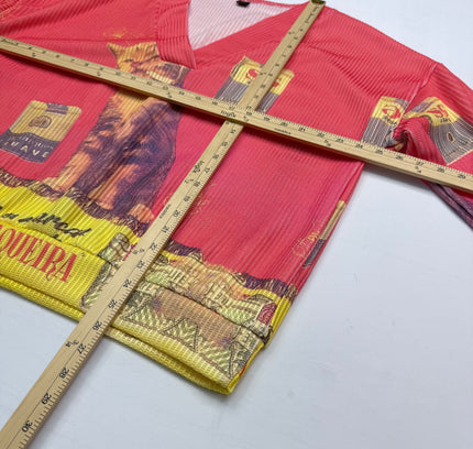 NWOT Vintage Postcard CAT Graphic V-Neck Top - Coral Pink - Size XL