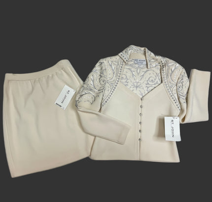 St John Cream Knit Suit with Embellished Jacket - Size 4