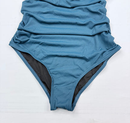 Charmo Ribbed Ruffle One-Piece Swimsuit - Teal Blue SMALL