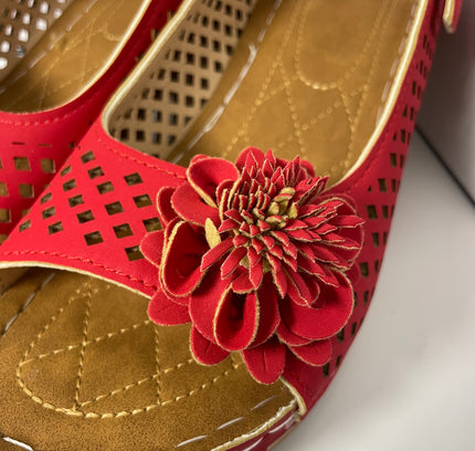 Red Perforated Slingback Sandals with Floral Detail - Size 7.5