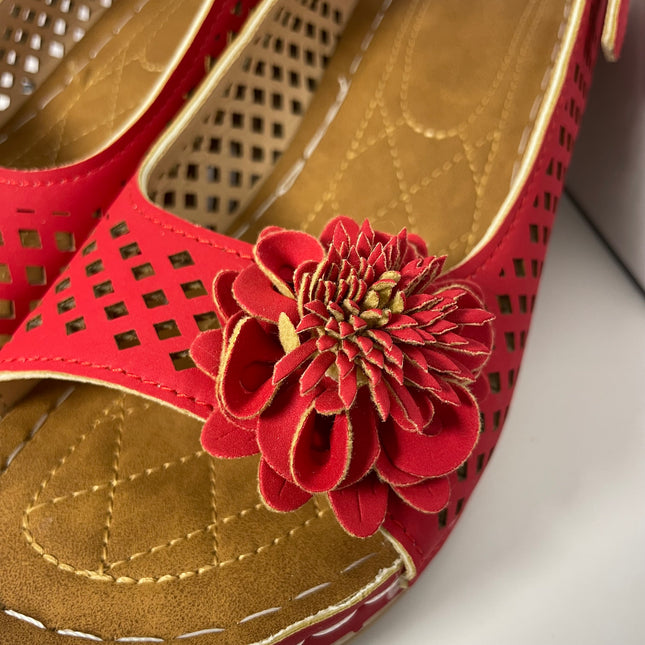 Red Perforated Slingback Sandals with Floral Detail - Size 7.5