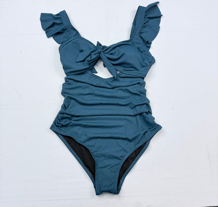 Charmo Ribbed Ruffle One-Piece Swimsuit - Teal Blue SMALL
