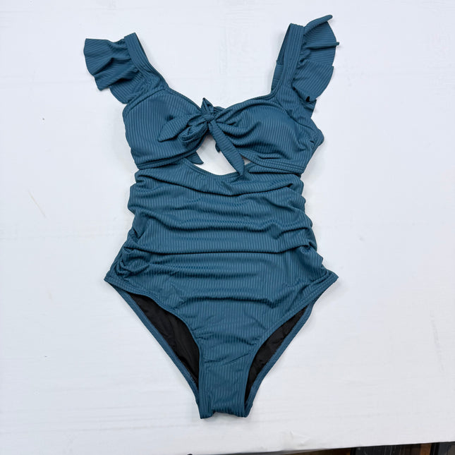 Charmo Ribbed Ruffle One-Piece Swimsuit - Teal Blue SMALL