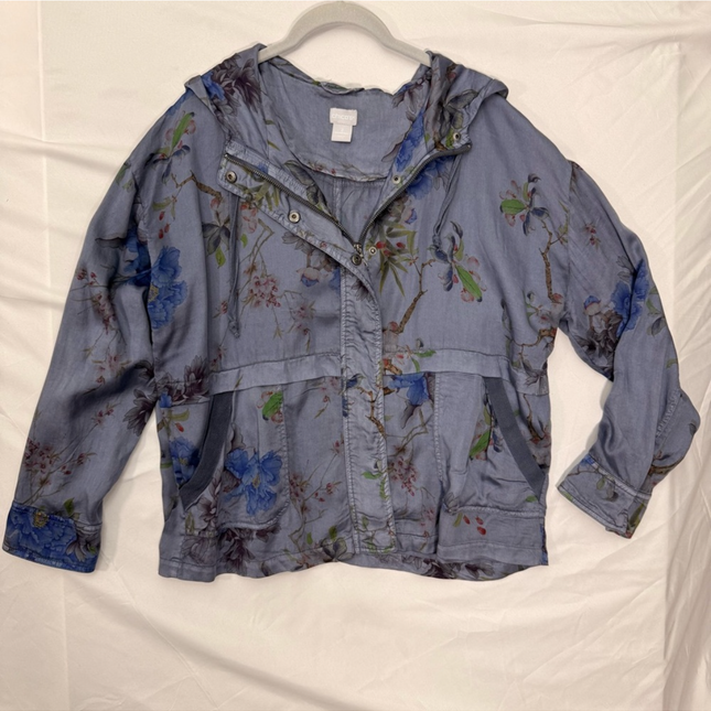 Chico's Floral Print Hooded Shirt Jacket - Size Large
