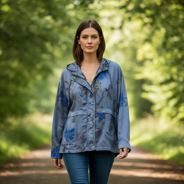 Chico's Floral Print Hooded Shirt Jacket - Size Large