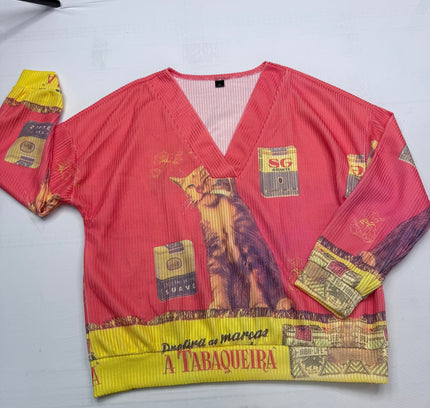 NWOT Vintage Postcard CAT Graphic V-Neck Top - Coral Pink - Size XL