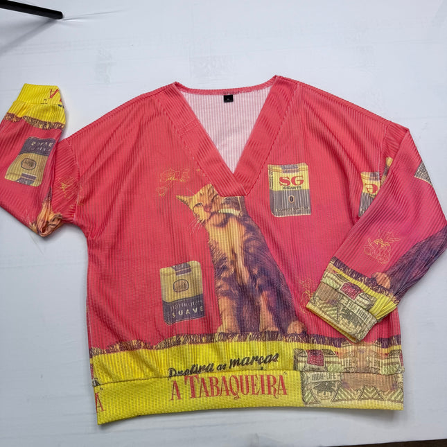 NWOT Vintage Postcard CAT Graphic V-Neck Top - Coral Pink - Size XL