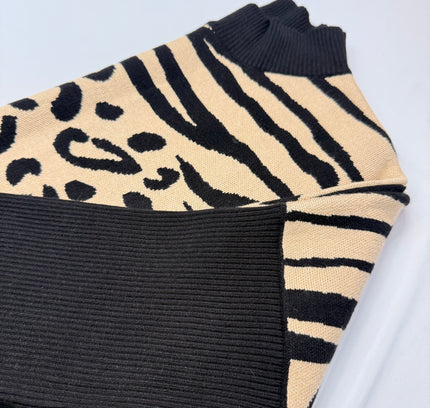 Frank Lyman Mixed Animal Print Sweater - Black & Tan - Size XL /TG