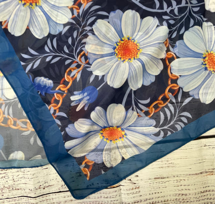 Navy Floral Silk Scarf - White Daisy Print