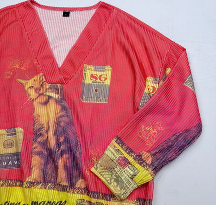 NWOT Vintage Postcard CAT Graphic V-Neck Top - Coral Pink - Size XL