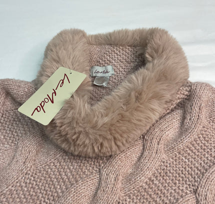 Le Moda Blush Cable Knit Poncho with Fur Trim - One Size -With Tags