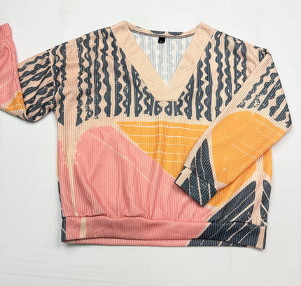 Retro Abstract Geometric V-Neck Long sleeve Top - Multicolor - Size XL