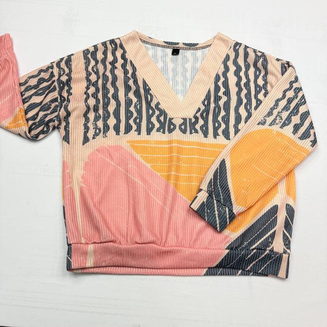 Retro Abstract Geometric V-Neck Long sleeve Top - Multicolor - Size XL