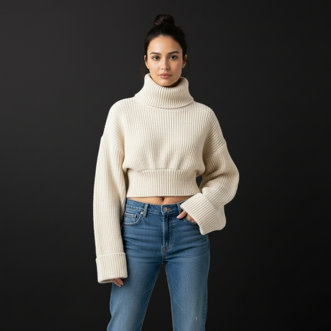 Helsa Cream Cropped Turtleneck Sweater - Size Medium