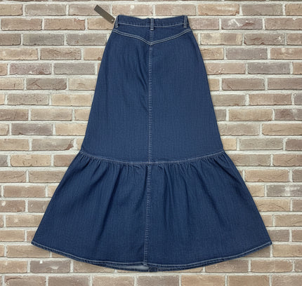 Vintage Button-Up Denim Skirt with Ruffle Hem
