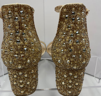 Champagne Rhinestone Block Chunky Heel Ankle Strap Sandals - Size 8.5 Dream Pairs