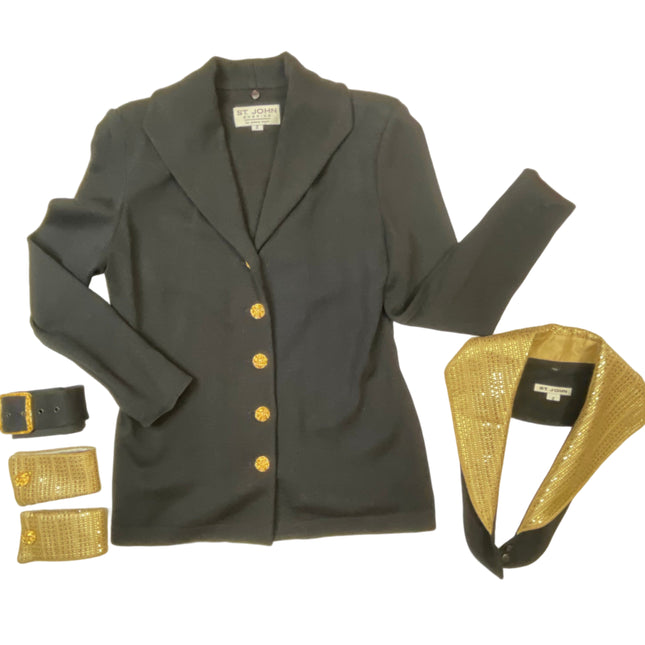 St John Black Blazer with Gold Embellished Collar - Size 2