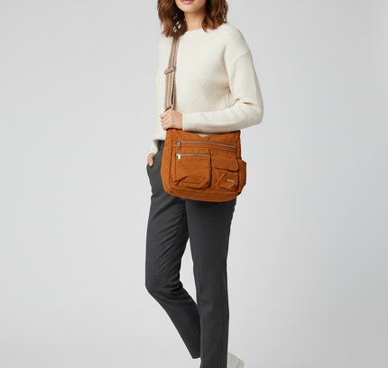 Cluci Cognac Nylon Crossbody Bag - Multi-Pocket Adjustable Strap