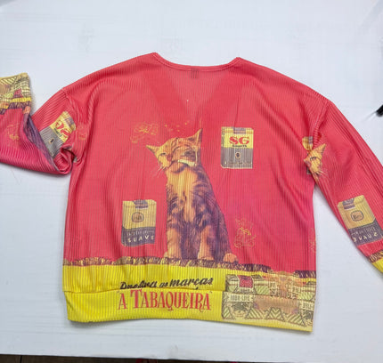 NWOT Vintage Postcard CAT Graphic V-Neck Top - Coral Pink - Size XL