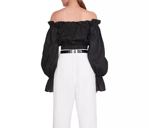 STAUD Tristan Black Linen Off-the-Shoulder Crop Top - Size M - Excellent Condition