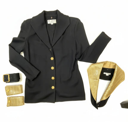 St. John Black Knit Jacket with Gold Collar & Removable Details - Size 2