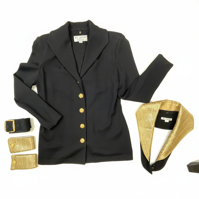 St. John Black Knit Jacket with Gold Collar & Removable Details - Size 2