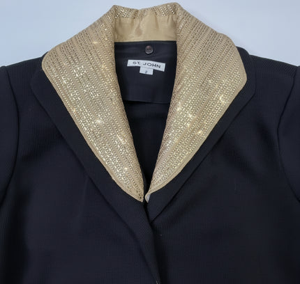 St John Black Blazer with Gold Embellished Collar - Size 2