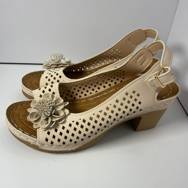 Perforated Leather Slingback Clogs with Floral Detail - Size 38