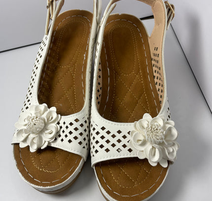 White Perforated Slingback Sandals with Floral Detail - Size 7.5