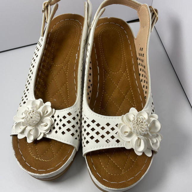 White Perforated Slingback Sandals with Floral Detail - Size 7.5