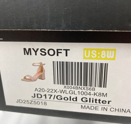 MYSOFT Gold Glitter Block Heel Ankle Strap Sandals - Size 8W