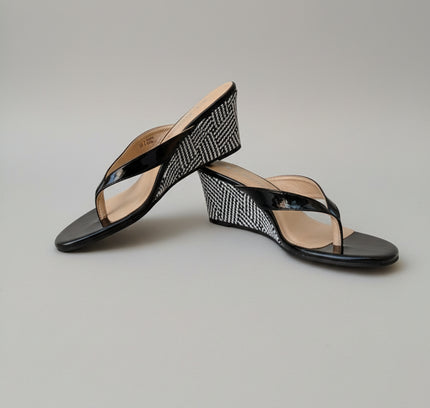 CL by Laundry Black Patent Slide Sandals with Houndstooth Heel - Size 6M